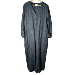 Nomad The Label Jumpsuit Women L Grey Linen Utility Cargo Long Sleeve V-Neck